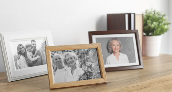 Photos of loved ones in a memory care resident's room.