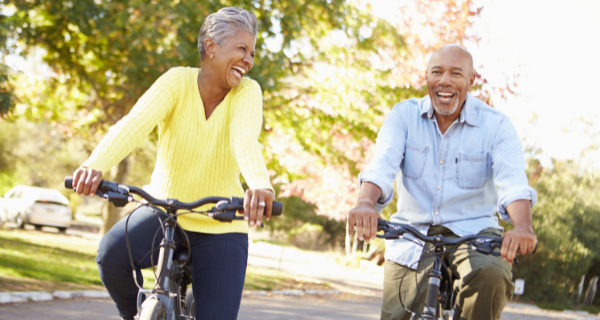 Couple riding bikes together.