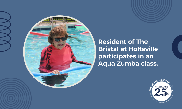 Resident of The Bristal at Holtsville participates in an Aqua Zumba class.