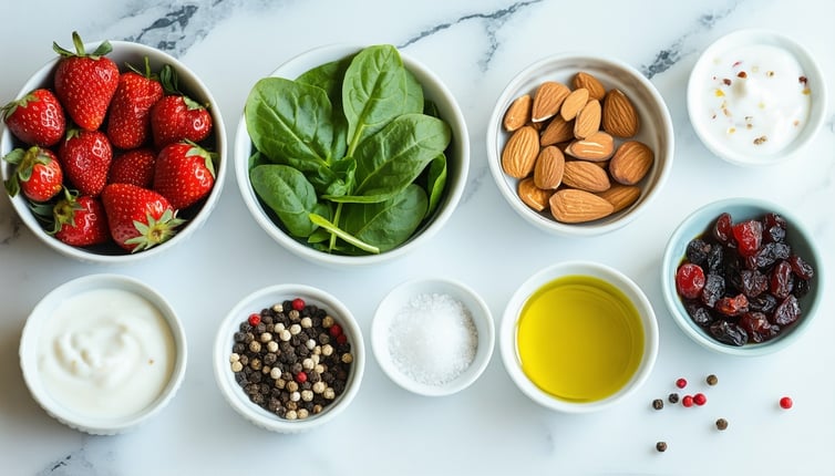 bowls on a kitchen counter with strawberries spinach basil almonds salt black pepper yogurt almonds oil vinegar raisins-3