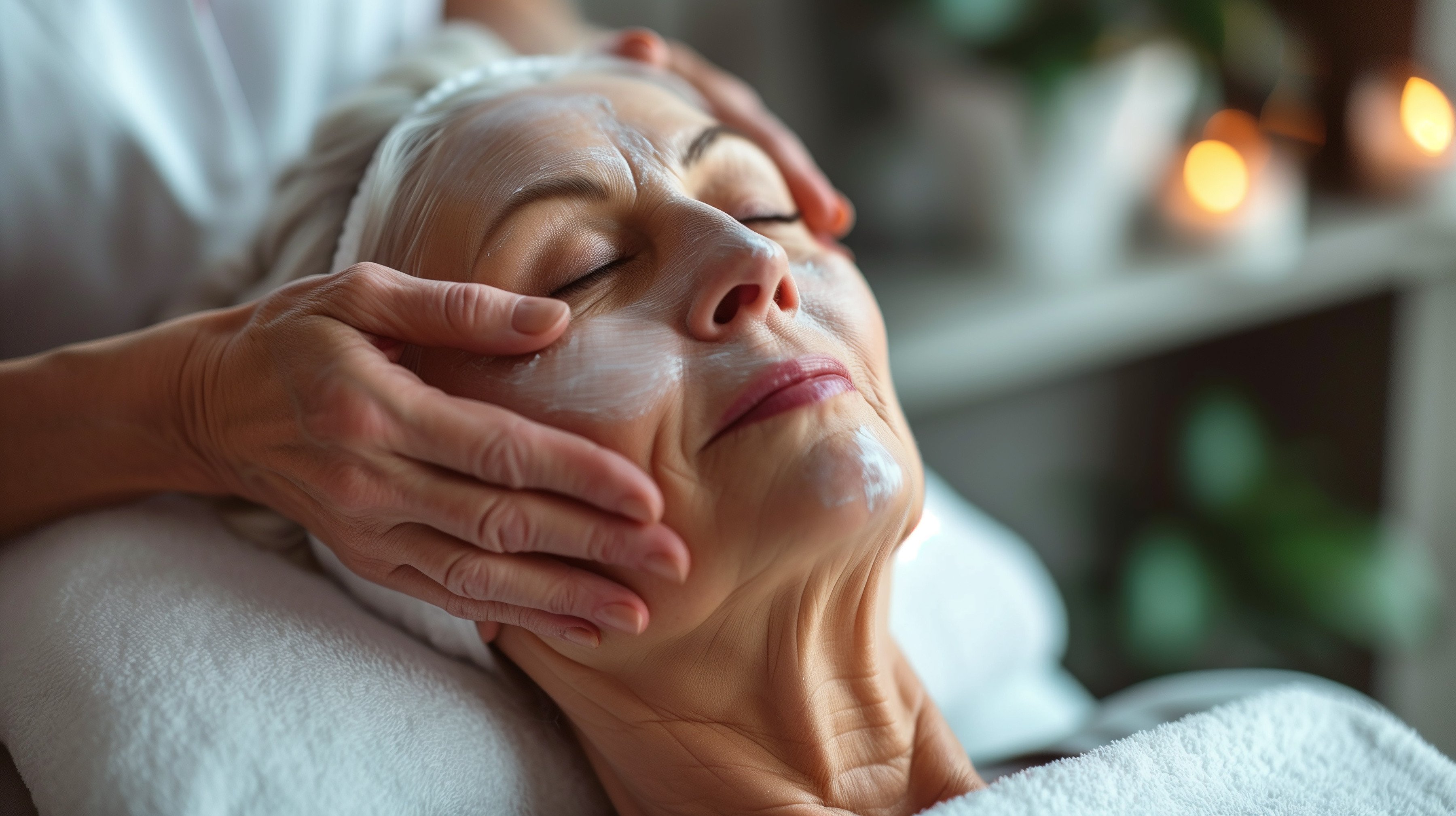 older female spa patron leaning back with her eyes closed receiving a facial from a licensed esthetician