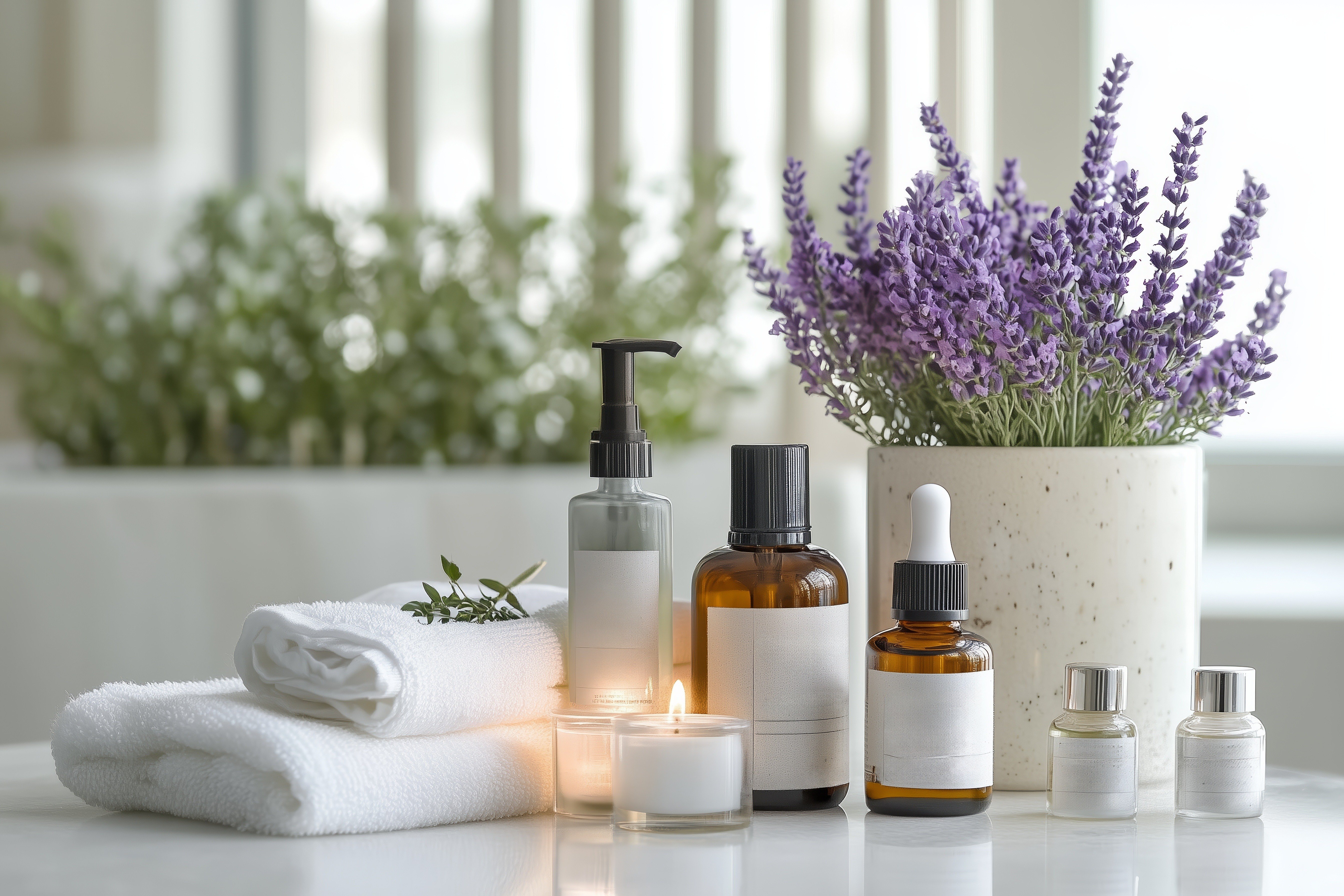 luxury spa products are displayed near folded towels and beside a vase with lavender and lighted candle