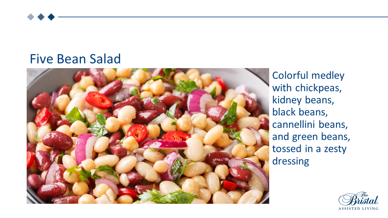 Legumes are a nutritious option featured on The Bristal Summer 2025 Menu - five bean salad