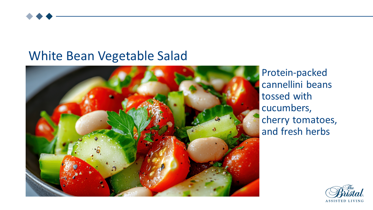 white bean vegetable salad at The Bristal features cucumbers, tomatoes and herbs with cannellini beans
