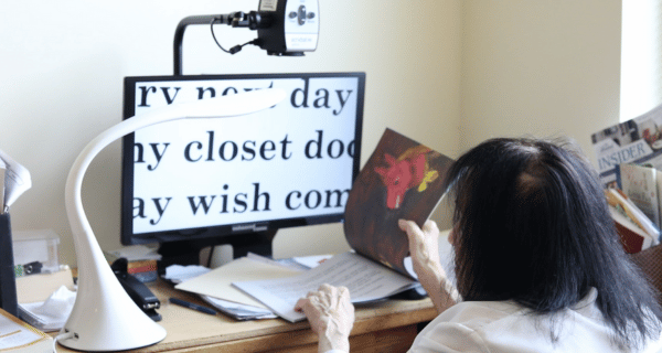 Connie using assistive device