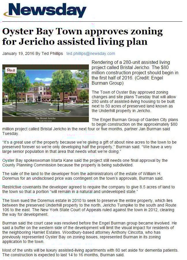 Newsday Oyster Bay Town approves zoning for Jericho Assisted Living plan