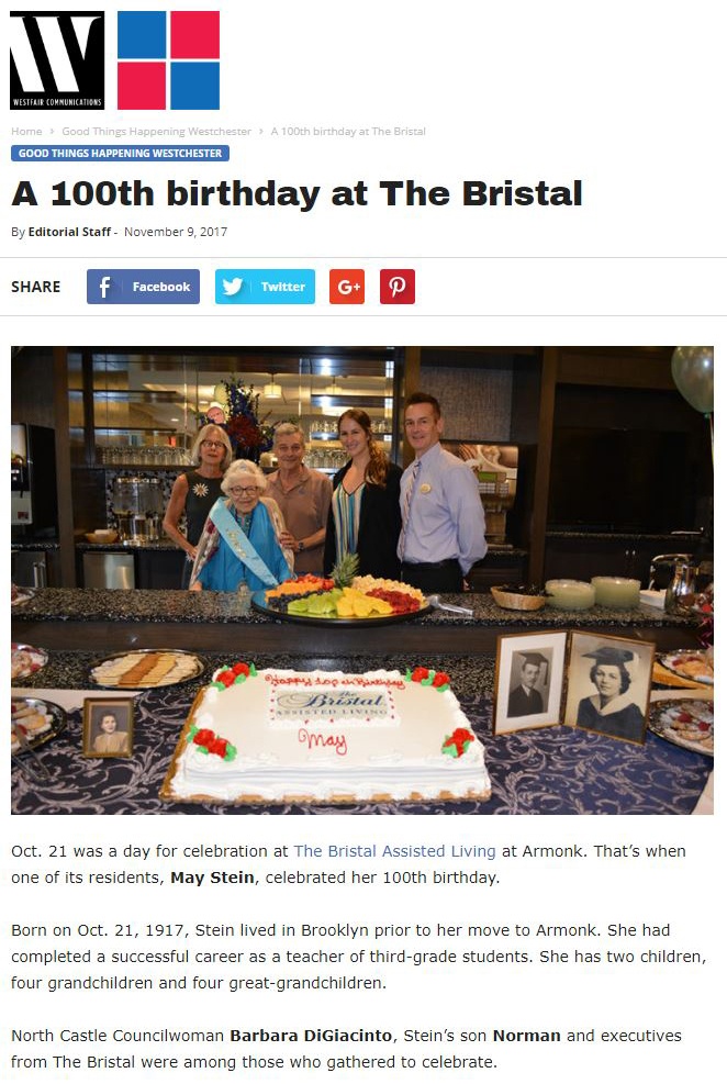 Resident May Stein of The Bristal at Armonk Turns 100