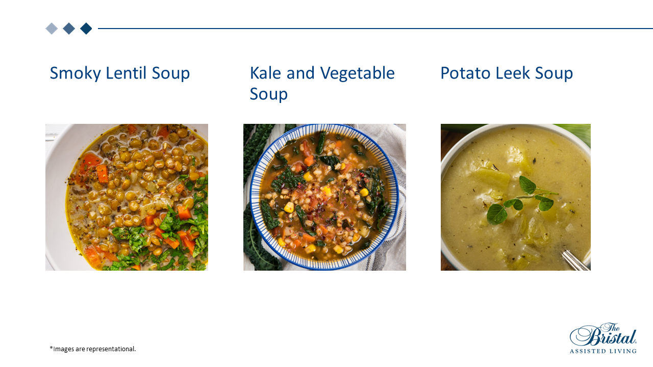 Smoky Lentil Soup, Kale and Vegetable Soup, and Potato Leek Soup