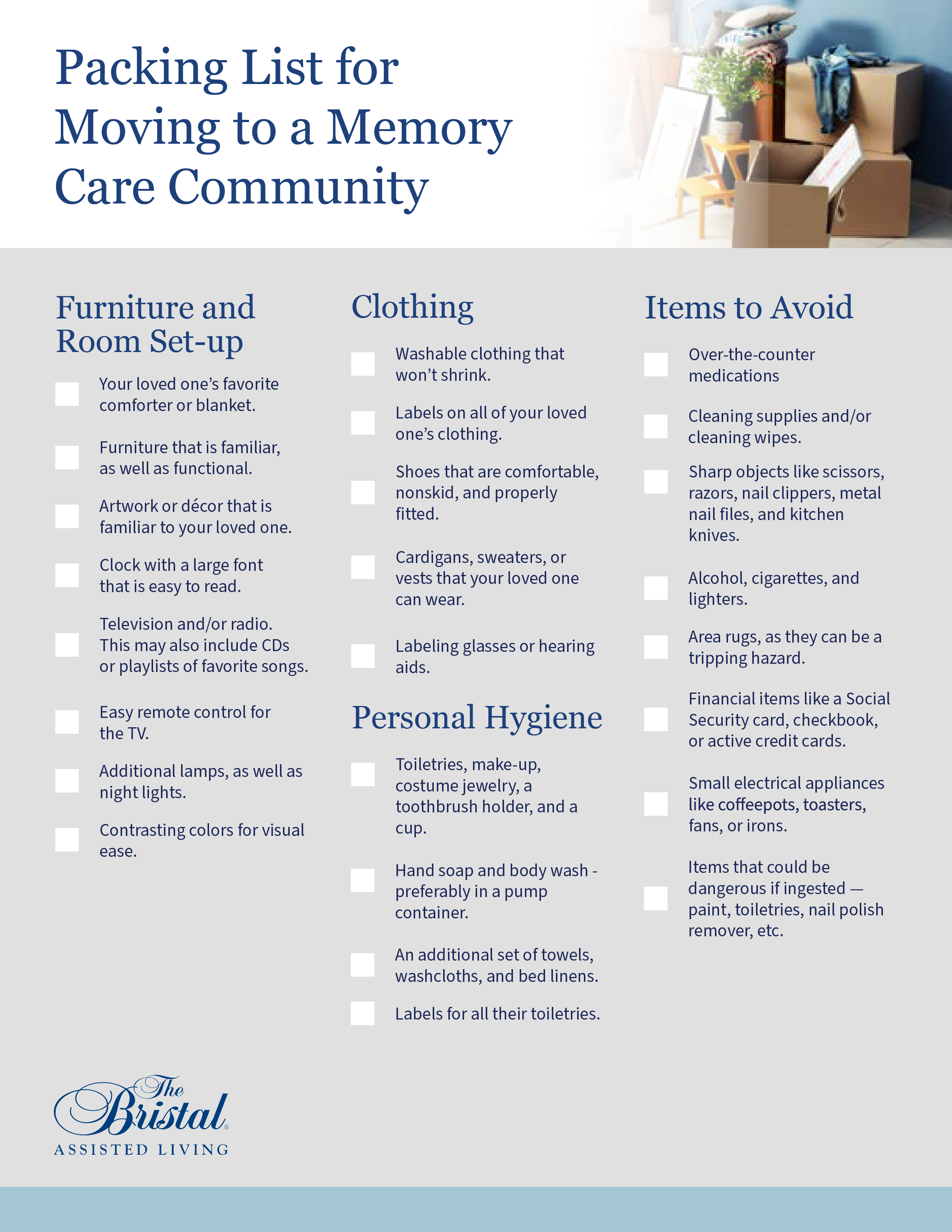 A memory care packing checklist.
