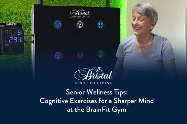 Woman at BrainFit Gym at The Bristal at York Avenue practices cognitive exercises while smiling in front of technology