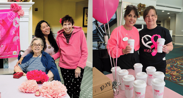 Two pictures collaged show ladies of different ages wearing pink and participating in fundraisers for Breast Cancer Awareness