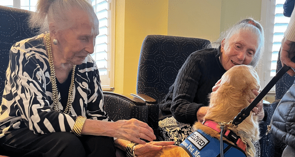 senior women petting therapy dog