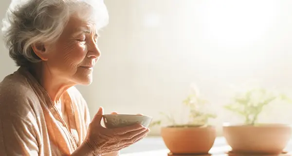 senior woman holds a bowl up and smells calmly with eyes closed in the foreground with plants in the background