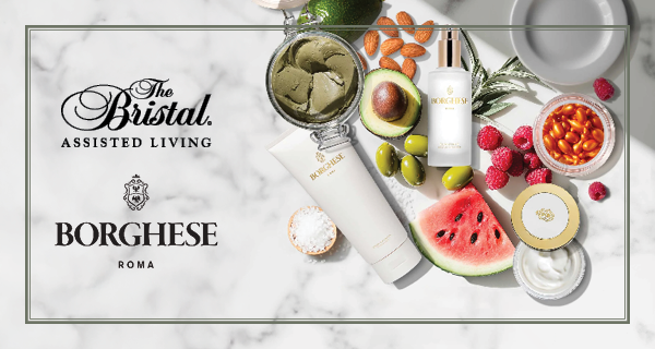 The Bristal Assisted Living and Borghese Roma, an assortment of spa products and raw ingredients