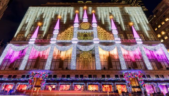 Saks Fifth Avenue department store with Christmas lights.