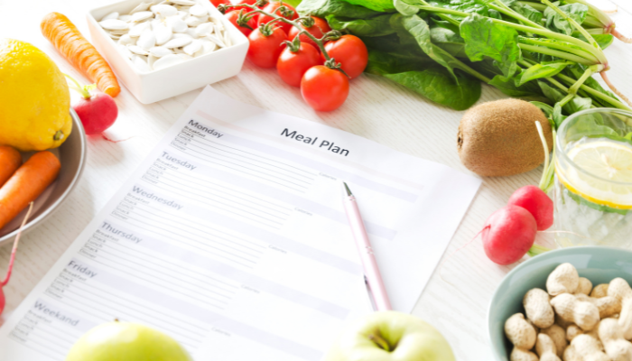 A sample meal plan surrounded by fresh, organic, and healthy fruits and vegetables. 